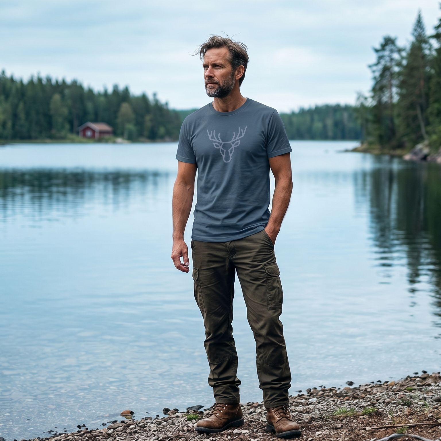 Man draagt grijsblauw Moose t-shirt aan een Scandinavisch meer