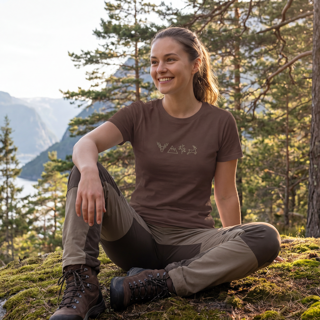 Vrouw draagt bruin Scandinavian Symbol t-shirt in Scandinavisch landschap